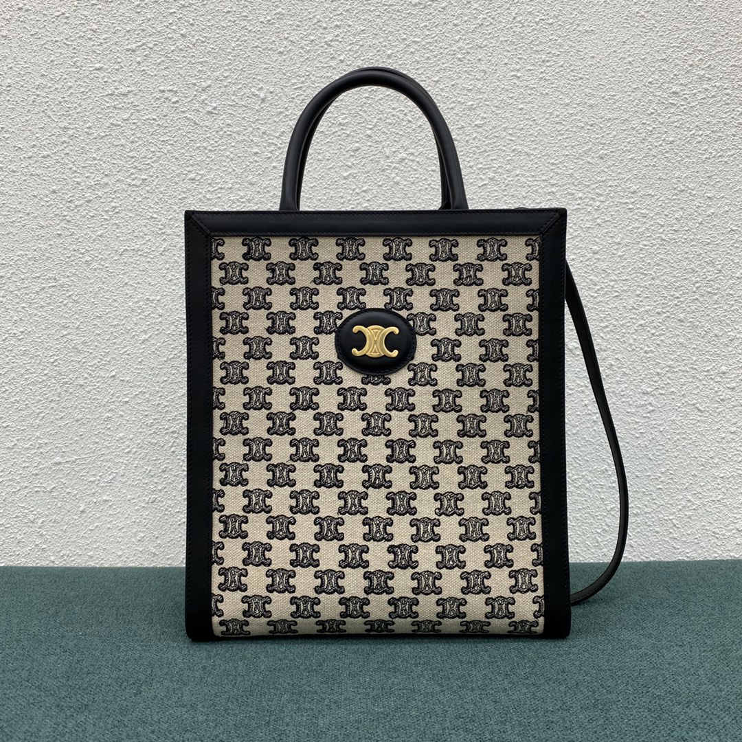 Celine Small Vertical Cabas In Textile With Triomphe Embroidery And Calfskin Black 192082